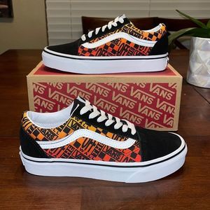 Vans Old Skool Logo Flame Black and True White Skate Shoes